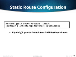 69
– R1(config)# iproute DestAddress SNM Nexthop address
R1(config)#ip route network [mask]
{address | interface}[distance] [permanent]
Static Route Configuration
 