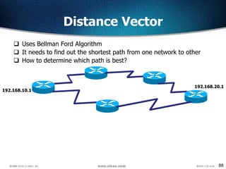 88
Distance Vector
 Uses Bellman Ford Algorithm
 It needs to find out the shortest path from one network to other
 How to determine which path is best?
192.168.10.1
192.168.20.1
 