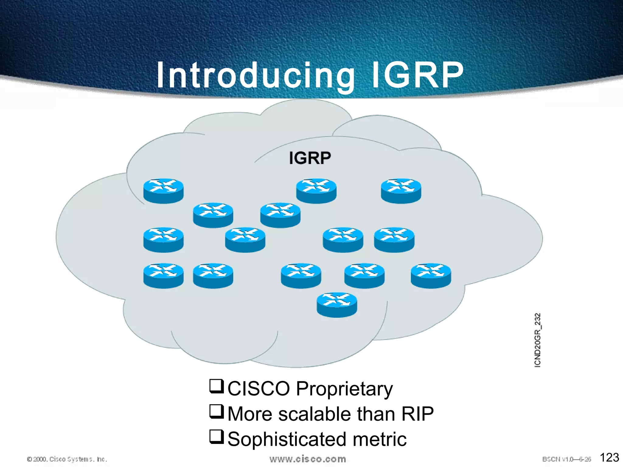 123
CISCO Proprietary
More scalable than RIP
Sophisticated metric
Introducing IGRP
 