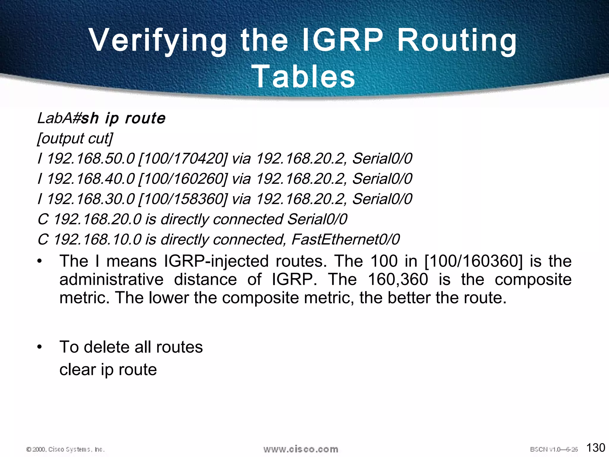 130
Verifying the IGRP Routing
Tables
LabA#sh ip route
[output cut]
I 192.168.50.0 [100/170420] via 192.168.20.2, Serial0/0
I 192.168.40.0 [100/160260] via 192.168.20.2, Serial0/0
I 192.168.30.0 [100/158360] via 192.168.20.2, Serial0/0
C 192.168.20.0 is directly connected Serial0/0
C 192.168.10.0 is directly connected, FastEthernet0/0
• The I means IGRP-injected routes. The 100 in [100/160360] is the
administrative distance of IGRP. The 160,360 is the composite
metric. The lower the composite metric, the better the route.
• To delete all routes
clear ip route
 