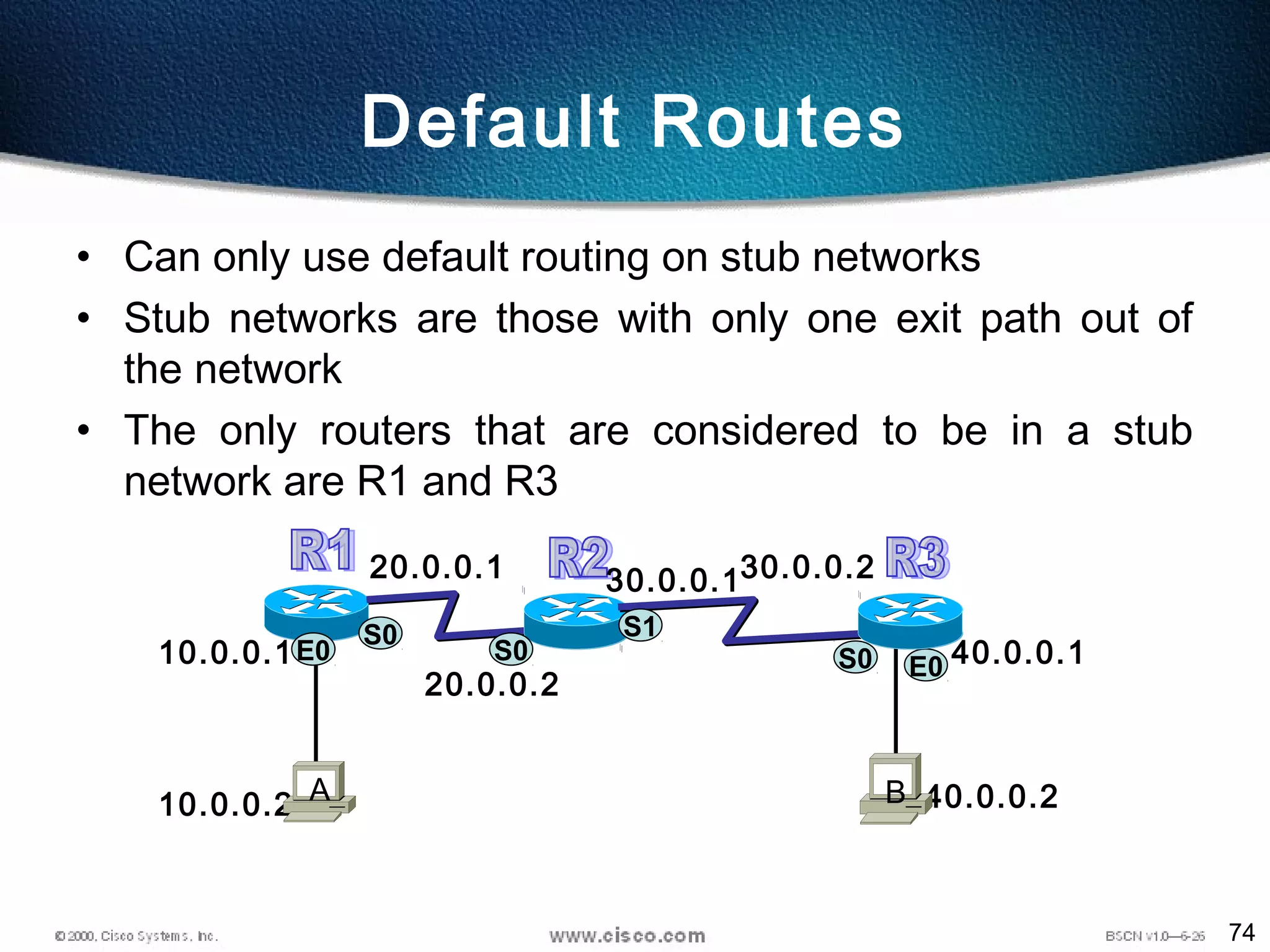 74
Default Routes
• Can only use default routing on stub networks
• Stub networks are those with only one exit path out of
the network
• The only routers that are considered to be in a stub
network are R1 and R3
S0
S0E0
E010.0.0.1
10.0.0.2 40.0.0.2
20.0.0.1
20.0.0.2
30.0.0.1
A B
S0
S1
30.0.0.2
40.0.0.1
 