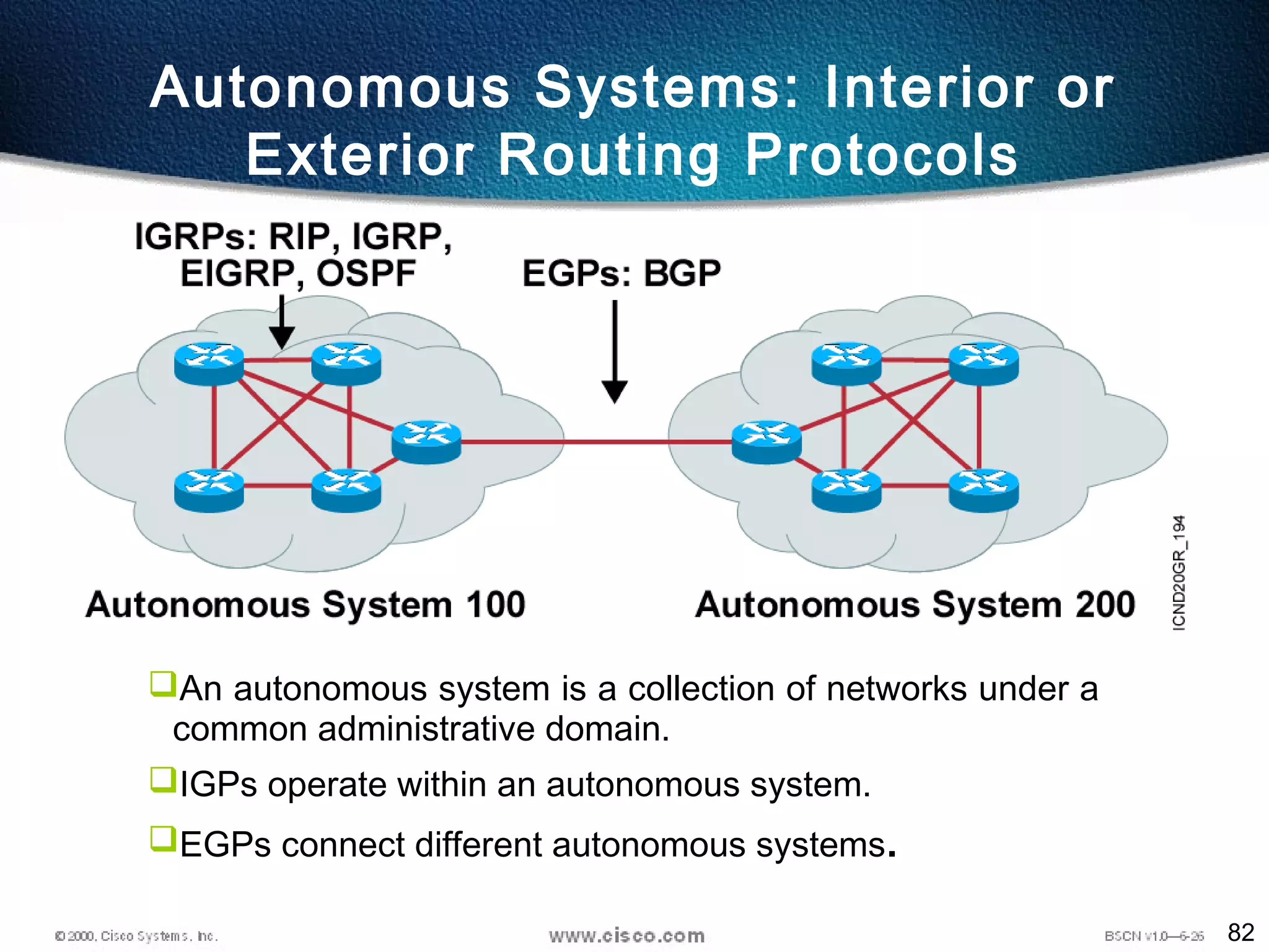 82
An autonomous system is a collection of networks under a
common administrative domain.
IGPs operate within an autonomous system.
EGPs connect different autonomous systems.
Autonomous Systems: Interior or
Exterior Routing Protocols
 