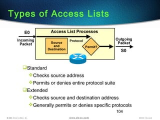 104
Standard
Checks source address
Permits or denies entire protocol suite
Extended
Checks source and destination address
Generally permits or denies specific protocols
Types of Access Lists
 