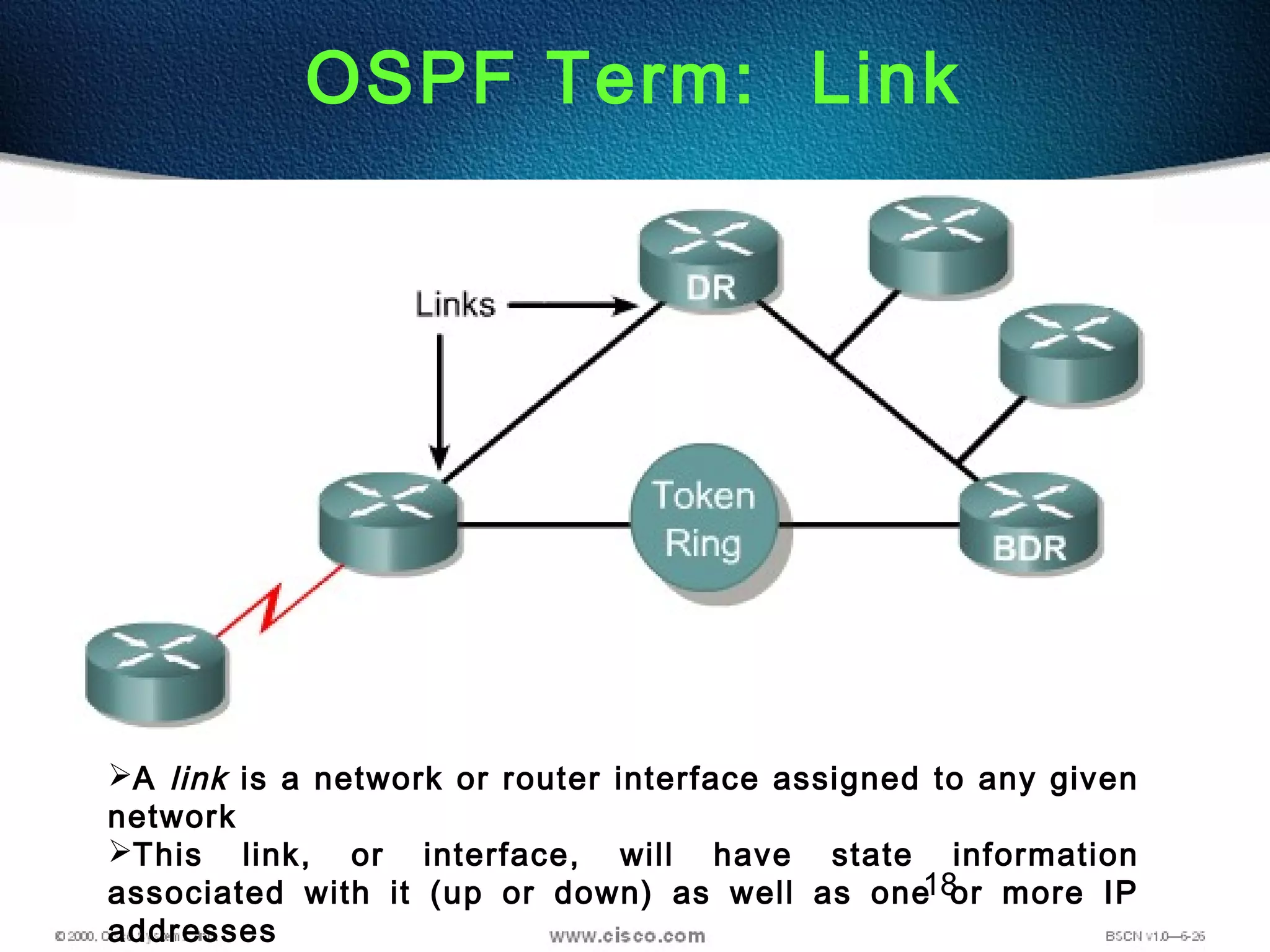 18
OSPF Term: Link
A link is a network or router interface assigned to any given
network
This link, or interface, will have state information
associated with it (up or down) as well as one or more IP
addresses
 