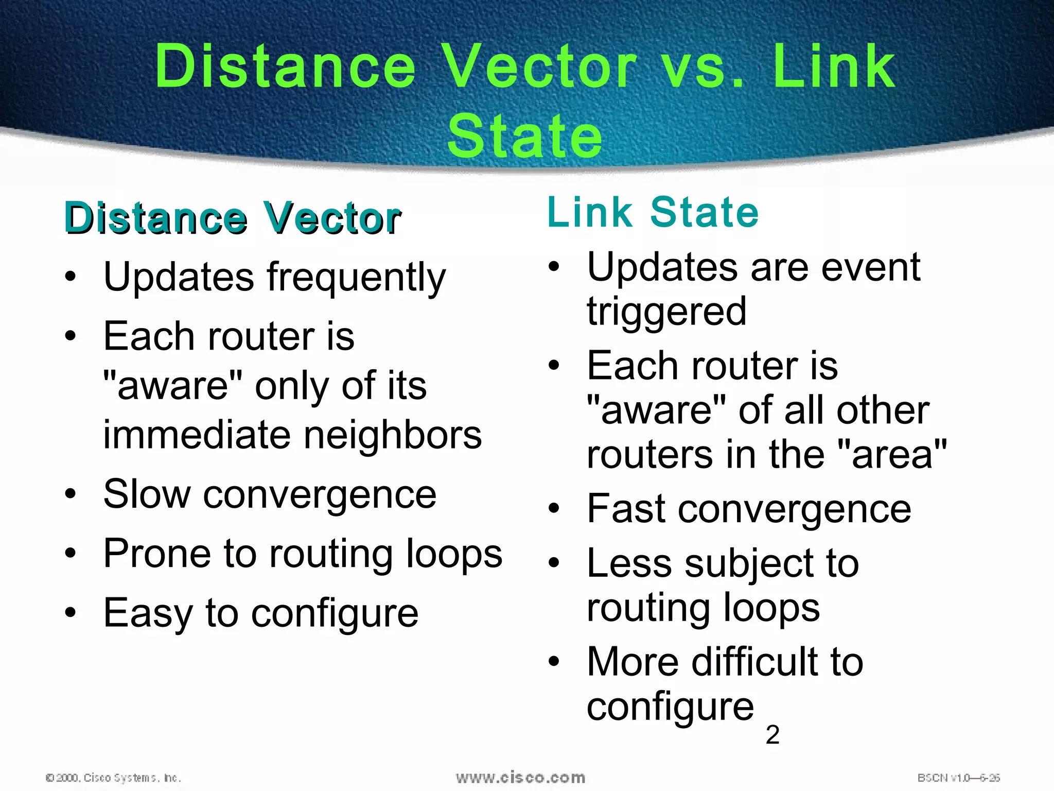 2
Distance Vector vs. Link
State
Distance VectorDistance Vector
• Updates frequently
• Each router is
"aware" only of its
immediate neighbors
• Slow convergence
• Prone to routing loops
• Easy to configure
Link State
• Updates are event
triggered
• Each router is
"aware" of all other
routers in the "area"
• Fast convergence
• Less subject to
routing loops
• More difficult to
configure
 