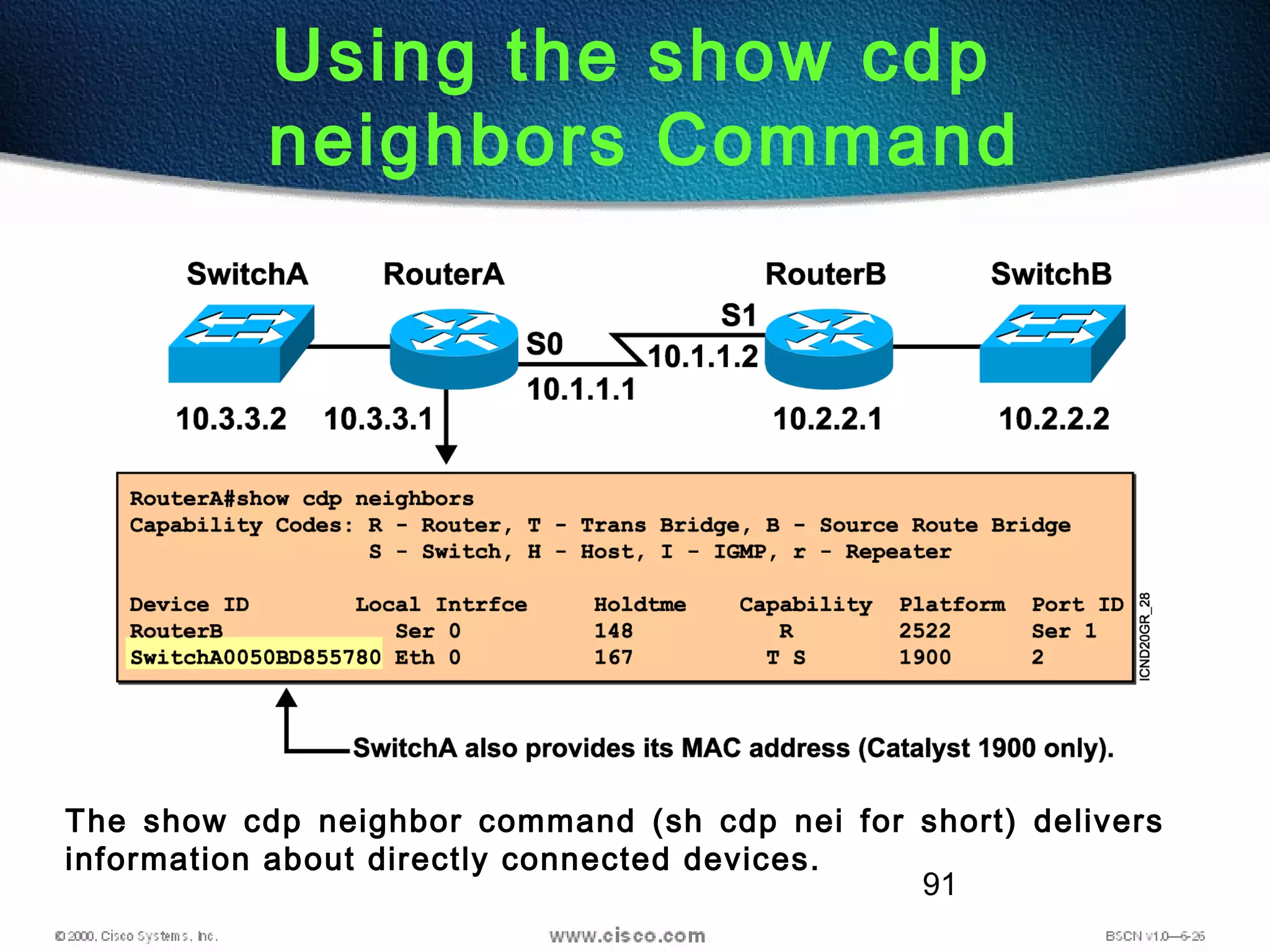 91
Using the show cdp
neighbors Command
The show cdp neighbor command (sh cdp nei for short) delivers
information about directly connected devices.
 