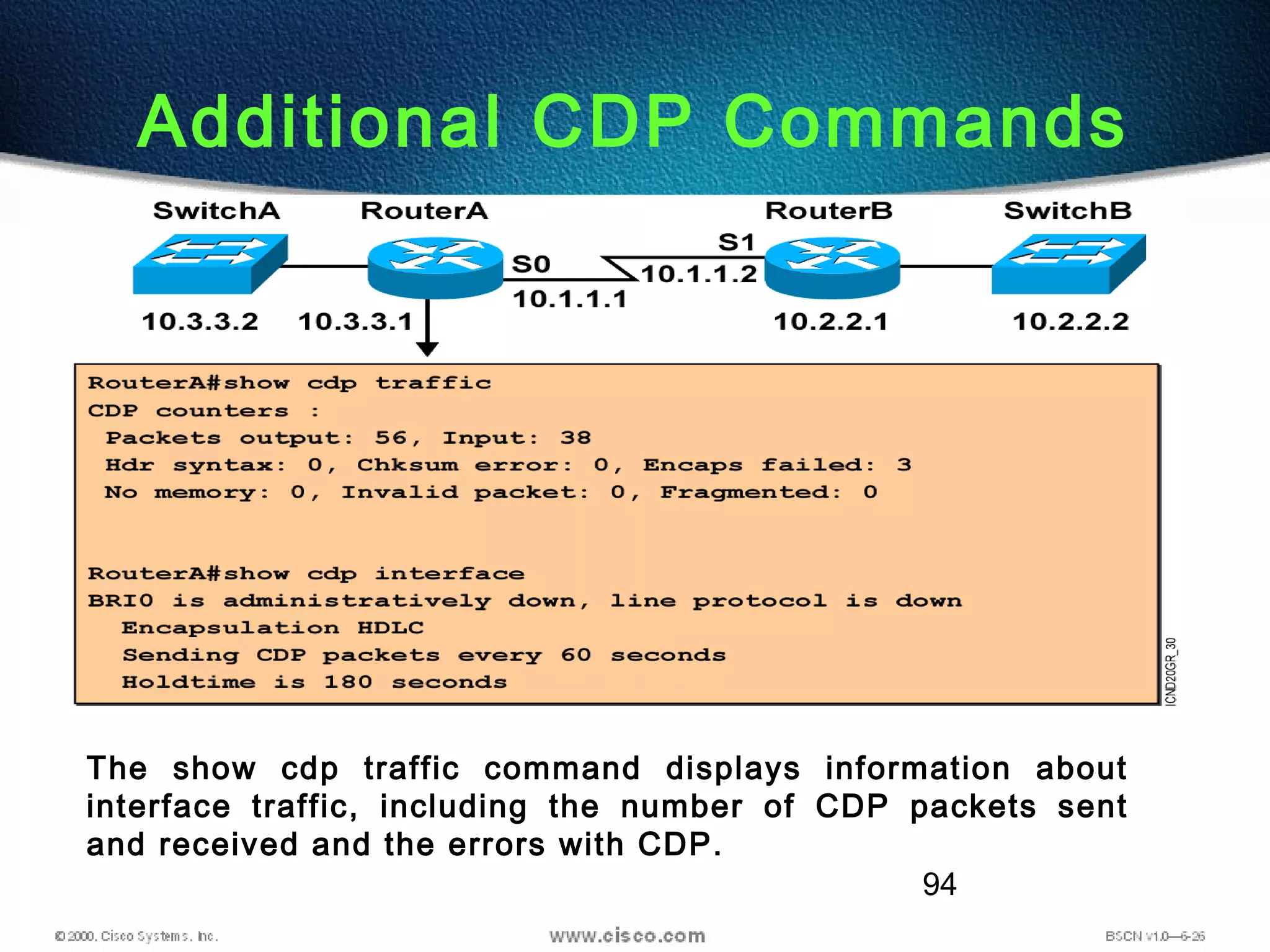 94
Additional CDP Commands
The show cdp traffic command displays information about
interface traffic, including the number of CDP packets sent
and received and the errors with CDP.
 