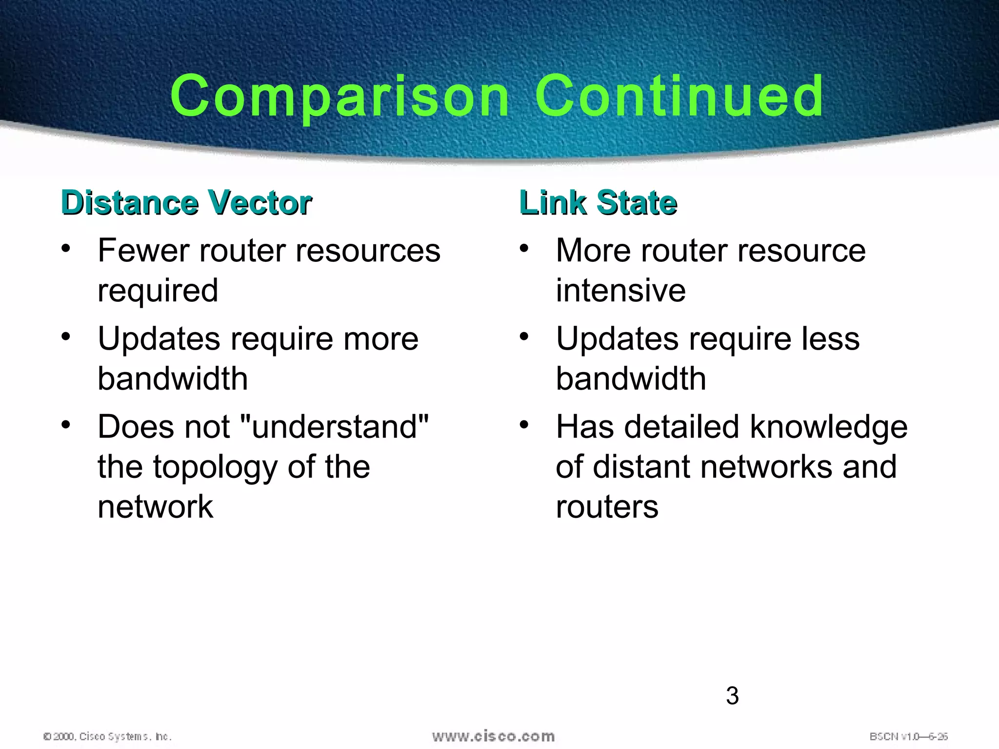3
Comparison Continued
Distance VectorDistance Vector
• Fewer router resources
required
• Updates require more
bandwidth
• Does not "understand"
the topology of the
network
Link StateLink State
• More router resource
intensive
• Updates require less
bandwidth
• Has detailed knowledge
of distant networks and
routers
 