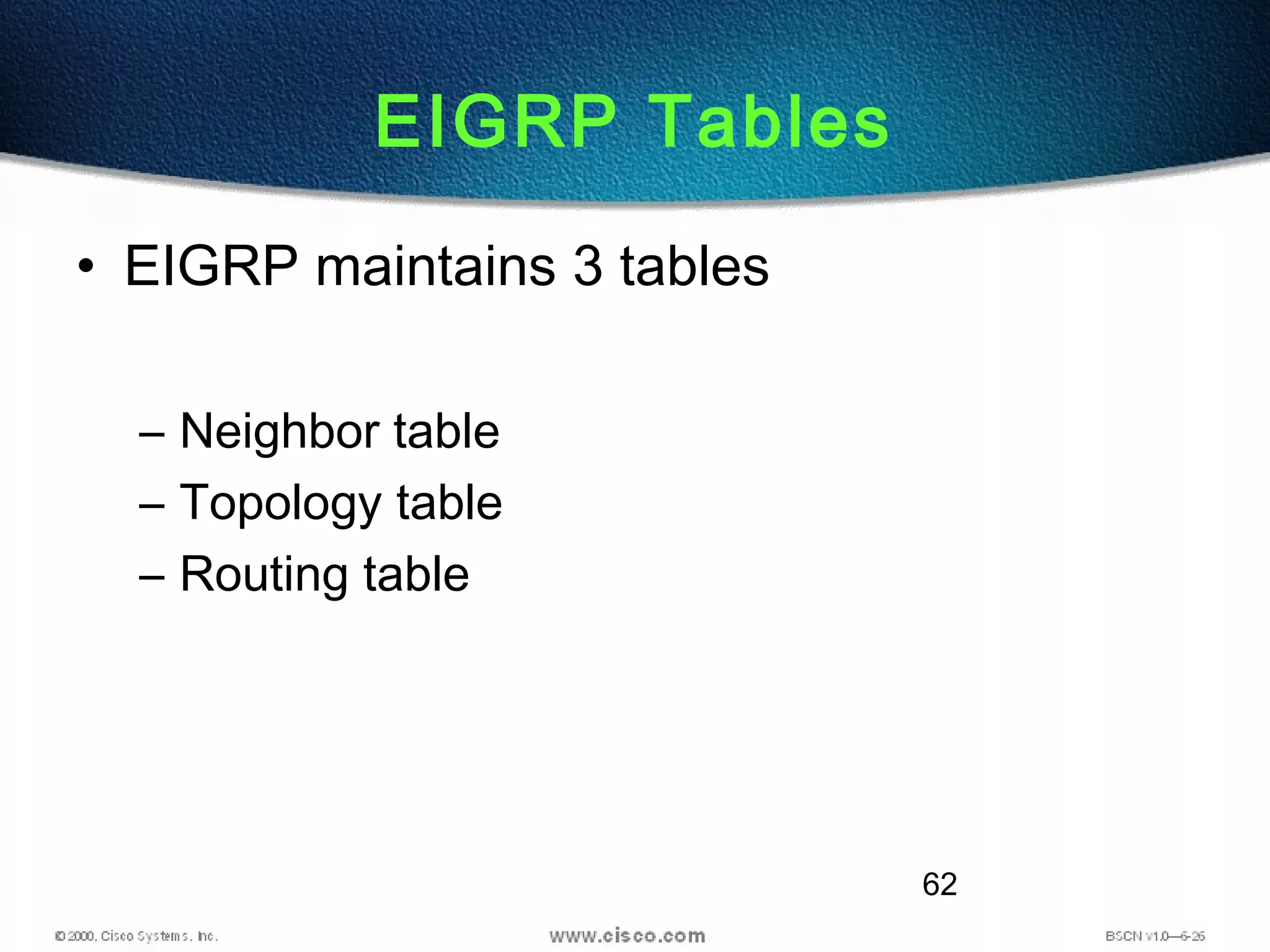 62
EIGRP Tables
• EIGRP maintains 3 tables
– Neighbor table
– Topology table
– Routing table
 