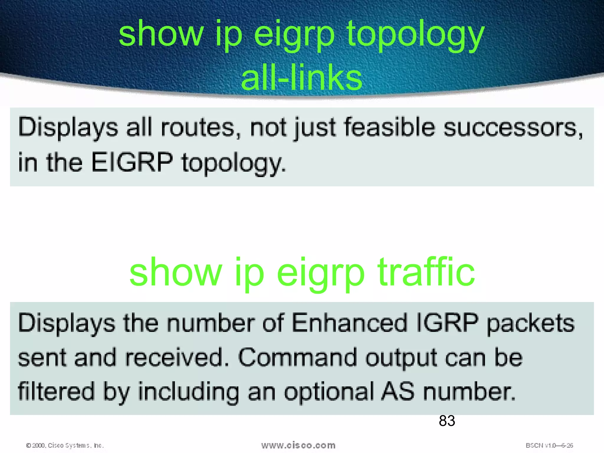 83
show ip eigrp topology
all-links
show ip eigrp traffic
 