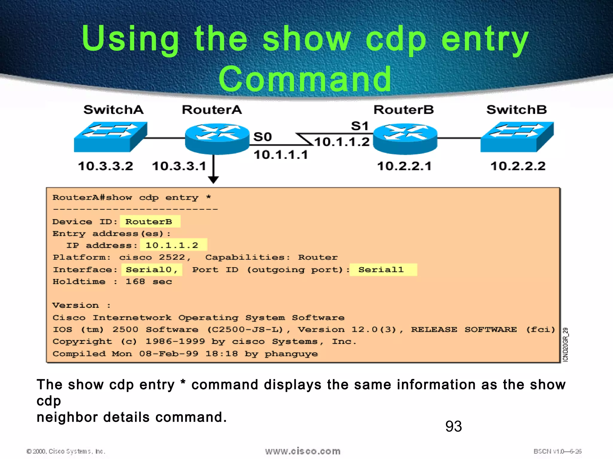 93
Using the show cdp entry
Command
The show cdp entry * command displays the same information as the show
cdp
neighbor details command.
 