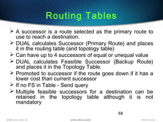 68
Routing Tables
 A successor is a route selected as the primary route to
use to reach a destination.
 DUAL calculates Successor (Primary Route) and places
it in the routing table (and topology table)
 Can have up to 4 successors of equal or unequal value
 DUAL calculates Feasible Successor (Backup Route)
and places it in the Topology Table.
 Promoted to successor if the route goes down if it has a
lower cost than current successor
 If no FS in Table - Send query
 Multiple feasible successors for a destination can be
retained in the topology table although it is not
mandatory
 