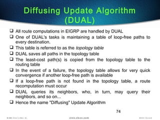 74
Diffusing Update Algorithm
(DUAL)
 All route computations in EIGRP are handled by DUAL
 One of DUAL's tasks is maintaining a table of loop-free paths to
every destination.
 This table is referred to as the topology table
 DUAL saves all paths in the topology table
 The least-cost path(s) is copied from the topology table to the
routing table
 In the event of a failure, the topology table allows for very quick
convergence if another loop-free path is available
 If a loop-free path is not found in the topology table, a route
recomputation must occur
 DUAL queries its neighbors, who, in turn, may query their
neighbors, and so on...
 Hence the name "Diffusing" Update Algorithm
 