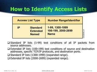 How to Identify Access Lists
 Standard IP lists (1-99) test conditions of all IP packets from
source addresses.
 Extended IP lists (100-199) test conditions of source and destination
addresses, specific TCP/IP protocols, and destination ports.
 Standard IP lists (1300-1999) (expanded range).
 Extended IP lists (2000-2699) (expanded range).
 