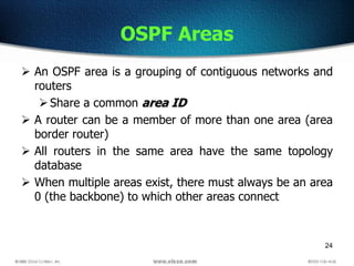 24
OSPF Areas
 An OSPF area is a grouping of contiguous networks and
routers
Share a common area ID
 A router can be a member of more than one area (area
border router)
 All routers in the same area have the same topology
database
 When multiple areas exist, there must always be an area
0 (the backbone) to which other areas connect
 