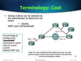 29
Terminology: Cost
• Various criteria can be selected by
the administrator to determine the
metric
• Usually,
OSPF cost=108/bandwidth
Do not forget to
configure the
bandwidth`
command on serial
links to ensure
correct
default OSPF cost
 