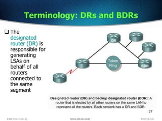 37
Terminology: DRs and BDRs
 The
designated
router (DR) is
responsible for
generating
LSAs on
behalf of all
routers
connected to
the same
segment
 
