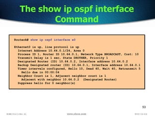 53
The show ip ospf interface
Command
RouterA# show ip ospf interface e0
Ethernet0 is up, line protocol is up
Internet Address 10.64.0.1/24, Area 0
Process ID 1, Router ID 10.64.0.1, Network Type BROADCAST, Cost: 10
Transmit Delay is 1 sec, State DROTHER, Priority 1
Designated Router (ID) 10.64.0.2, Interface address 10.64.0.2
Backup Designated router (ID) 10.64.0.1, Interface address 10.64.0.1
Timer intervals configured, Hello 10, Dead 40, Wait 40, Retransmit 5
Hello due in 00:00:04
Neighbor Count is 1, Adjacent neighbor count is 1
Adjacent with neighbor 10.64.0.2 (Designated Router)
Suppress hello for 0 neighbor(s)
 