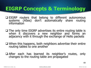 69
EIGRP Concepts & Terminology
 EIGRP routers that belong to different autonomous
systems (ASes) don’t automatically share routing
information
 The only time EIGRP advertises its entire routing table is
when it discovers a new neighbor and forms an
adjacency with it through the exchange of Hello packets
 When this happens, both neighbors advertise their entire
routing tables to one another
 After each has learned its neighbor’s routes, only
changes to the routing table are propagated
 