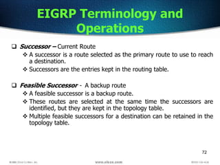72
 Successor – Current Route
 A successor is a route selected as the primary route to use to reach
a destination.
 Successors are the entries kept in the routing table.
 Feasible Successor - A backup route
 A feasible successor is a backup route.
 These routes are selected at the same time the successors are
identified, but they are kept in the topology table.
 Multiple feasible successors for a destination can be retained in the
topology table.
EIGRP Terminology and
Operations
 