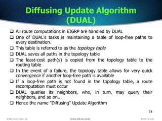 74
Diffusing Update Algorithm
(DUAL)
 All route computations in EIGRP are handled by DUAL
 One of DUAL's tasks is maintaining a table of loop-free paths to
every destination.
 This table is referred to as the topology table
 DUAL saves all paths in the topology table
 The least-cost path(s) is copied from the topology table to the
routing table
 In the event of a failure, the topology table allows for very quick
convergence if another loop-free path is available
 If a loop-free path is not found in the topology table, a route
recomputation must occur
 DUAL queries its neighbors, who, in turn, may query their
neighbors, and so on...
 Hence the name "Diffusing" Update Algorithm
 