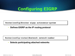 Configuring EIGRP
Router(config-router)#network network-number
• Selects participating attached networks
Router(config)#router eigrp autonomous-system
• Defines EIGRP as the IP routing protocol
 