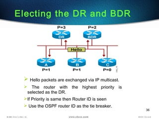 36
Electing the DR and BDR
 Hello packets are exchanged via IP multicast.
 The router with the highest priority is
selected as the DR.
If Priority is same then Router ID is seen
 Use the OSPF router ID as the tie breaker.
 