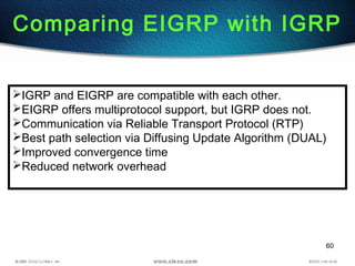 60
Comparing EIGRP with IGRP
IGRP and EIGRP are compatible with each other.
EIGRP offers multiprotocol support, but IGRP does not.
Communication via Reliable Transport Protocol (RTP)
Best path selection via Diffusing Update Algorithm (DUAL)
Improved convergence time
Reduced network overhead
 