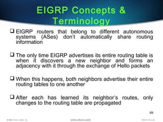 69
EIGRP Concepts &
Terminology
 EIGRP routers that belong to different autonomous
systems (ASes) don’t automatically share routing
information
 The only time EIGRP advertises its entire routing table is
when it discovers a new neighbor and forms an
adjacency with it through the exchange of Hello packets
 When this happens, both neighbors advertise their entire
routing tables to one another
 After each has learned its neighbor’s routes, only
changes to the routing table are propagated
 