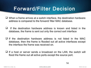 14
Forward/Filter Decision
 When a frame arrives at a switch interface, the destination hardware
address is compared to the forward/ filter MAC database.
 If the destination hardware address is known and listed in the
database, the frame is sent out only the correct exit interface
 If the destination hardware address is not listed in the MAC
database, then the frame is flooded out all active interfaces except
the interface the frame was received on.
 If a host or server sends a broadcast on the LAN, the switch will
flood the frame out all active ports except the source port.
 