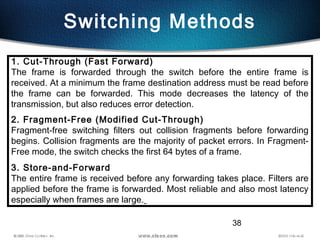 38
Switching Methods
1. Cut-Through (Fast Forward)
The frame is forwarded through the switch before the entire frame is
received. At a minimum the frame destination address must be read before
the frame can be forwarded. This mode decreases the latency of the
transmission, but also reduces error detection.
2. Fragment-Free (Modified Cut-Through)
Fragment-free switching filters out collision fragments before forwarding
begins. Collision fragments are the majority of packet errors. In Fragment-
Free mode, the switch checks the first 64 bytes of a frame.
3. Store-and-Forward
The entire frame is received before any forwarding takes place. Filters are
applied before the frame is forwarded. Most reliable and also most latency
especially when frames are large.
 