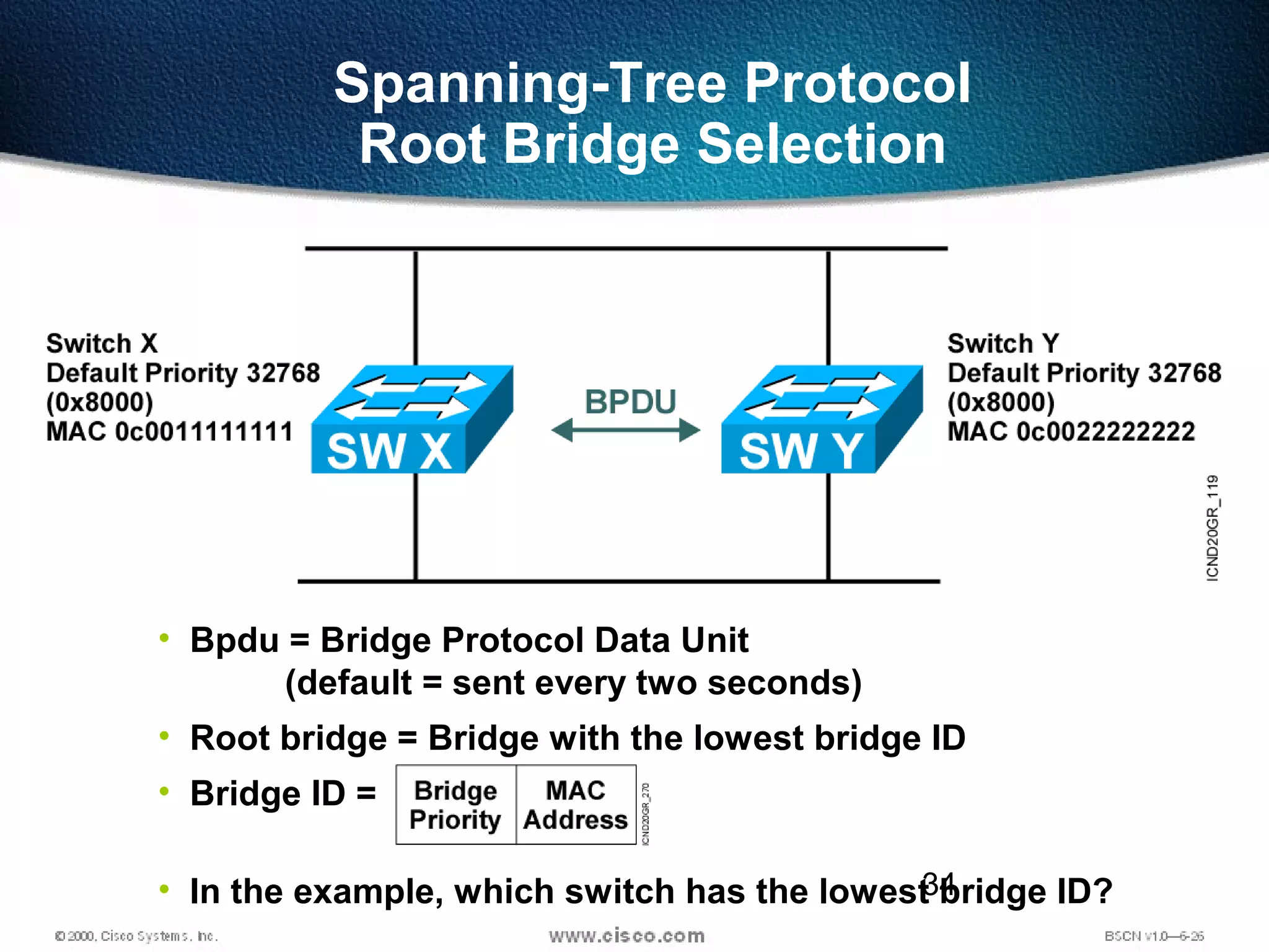 34
• Bpdu = Bridge Protocol Data Unit
(default = sent every two seconds)
• Root bridge = Bridge with the lowest bridge ID
• Bridge ID =
• In the example, which switch has the lowest bridge ID?
Spanning-Tree Protocol
Root Bridge Selection
 
