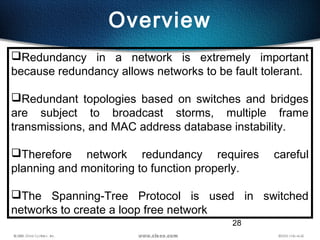 28
Overview
Redundancy in a network is extremely important
because redundancy allows networks to be fault tolerant.
Redu...