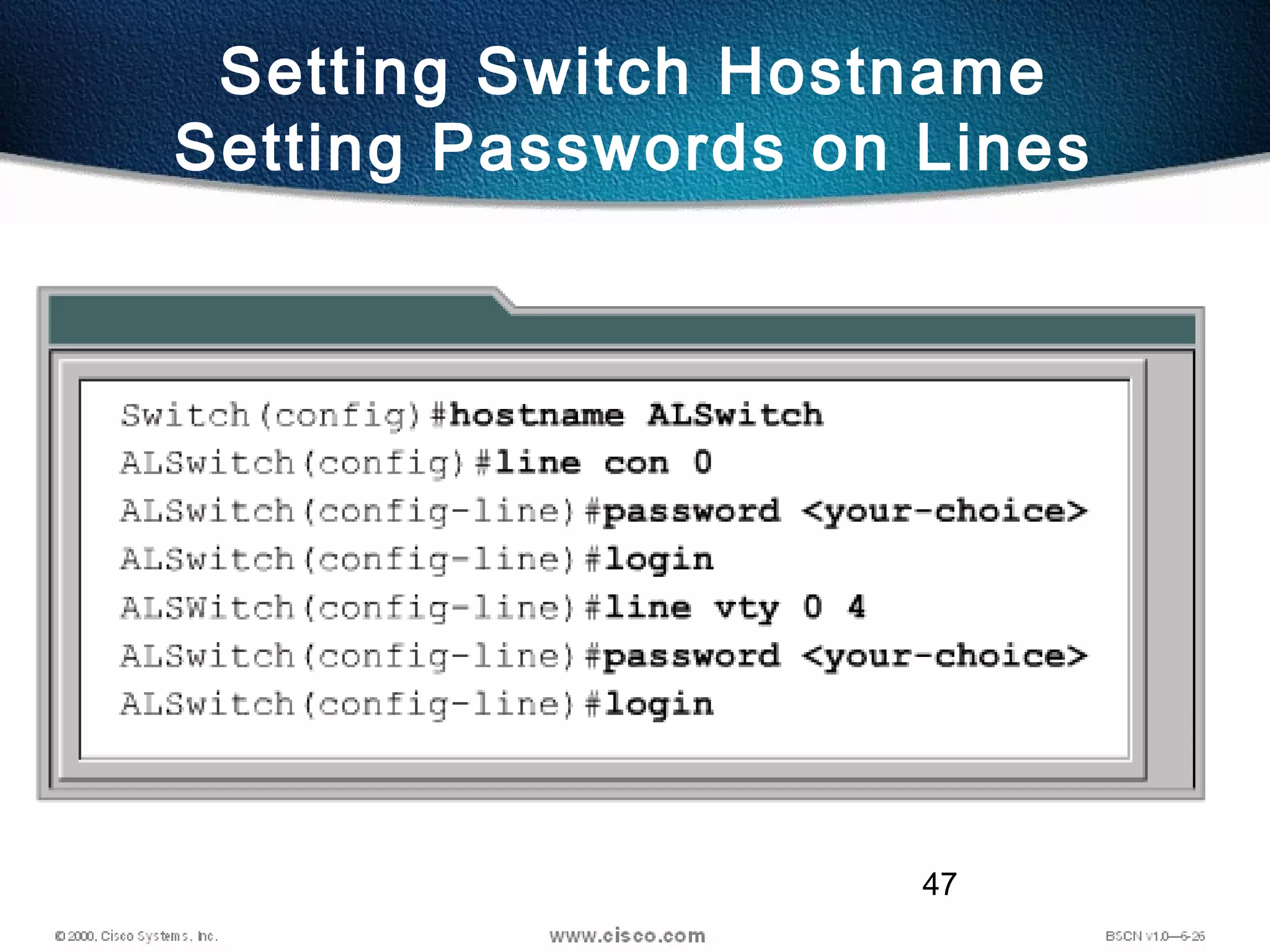 47
Setting Switch Hostname
Setting Passwords on Lines
 