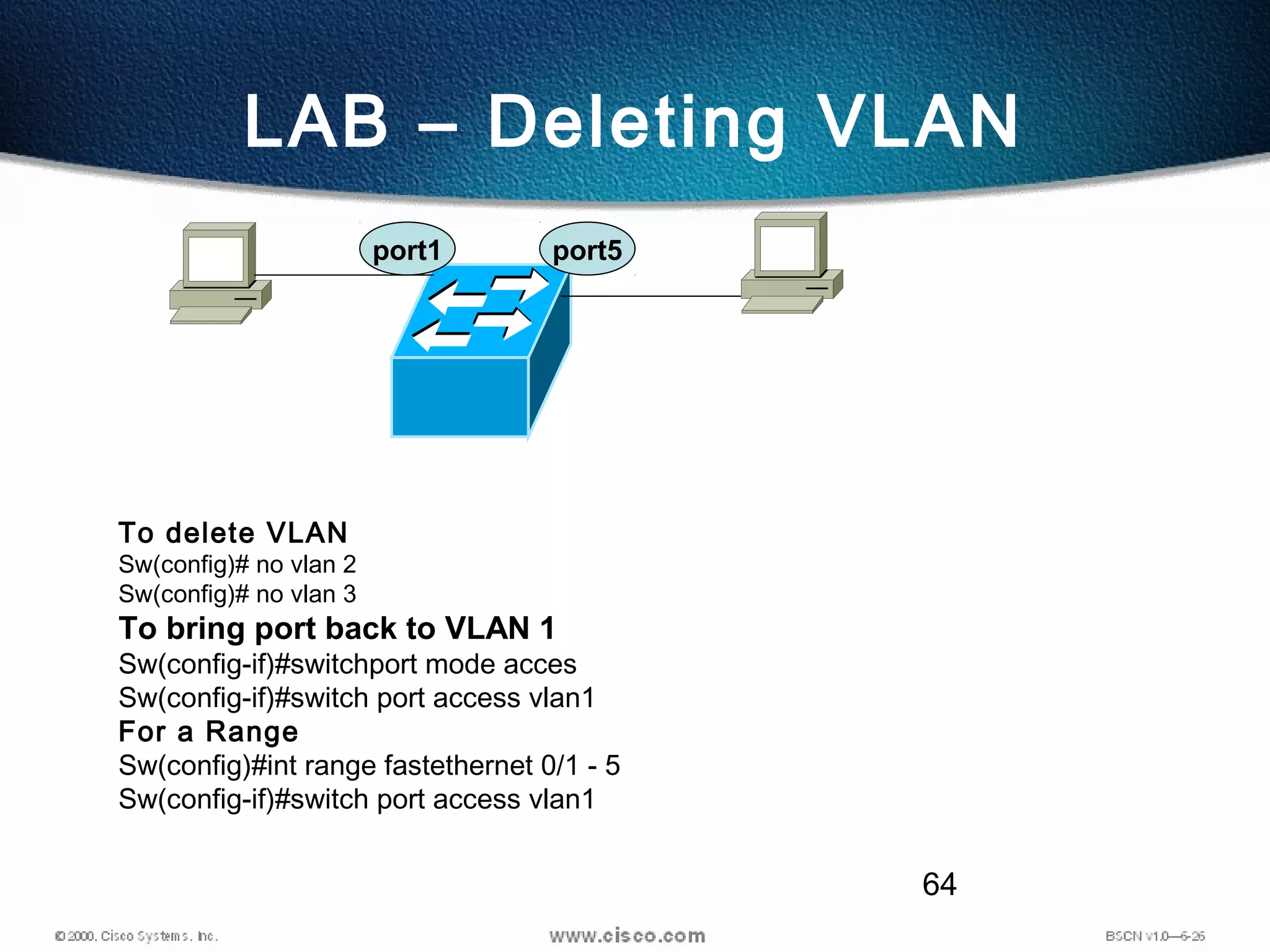 64
LAB – Deleting VLAN
port1 port5
To delete VLAN
Sw(config)# no vlan 2
Sw(config)# no vlan 3
To bring port back to VLAN 1
Sw(config-if)#switchport mode acces
Sw(config-if)#switch port access vlan1
For a Range
Sw(config)#int range fastethernet 0/1 - 5
Sw(config-if)#switch port access vlan1
 