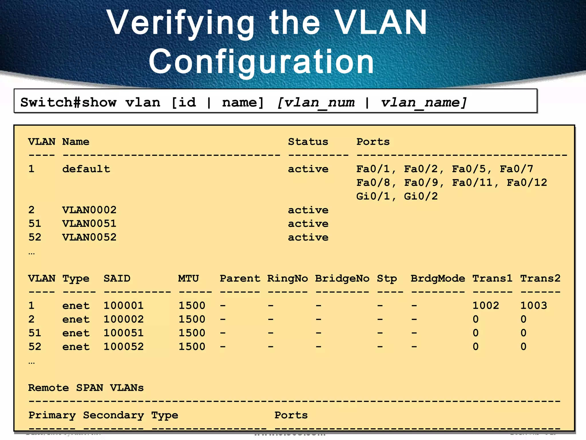 74
Verifying the VLAN
Configuration
Switch#show vlan [id | name] [vlan_num | vlan_name]Switch#show vlan [id | name] [vlan_num | vlan_name]
VLAN Name Status Ports
---- -------------------------------- --------- -------------------------------
1 default active Fa0/1, Fa0/2, Fa0/5, Fa0/7
Fa0/8, Fa0/9, Fa0/11, Fa0/12
Gi0/1, Gi0/2
2 VLAN0002 active
51 VLAN0051 active
52 VLAN0052 active
…
VLAN Type SAID MTU Parent RingNo BridgeNo Stp BrdgMode Trans1 Trans2
---- ----- ---------- ----- ------ ------ -------- ---- -------- ------ ------
1 enet 100001 1500 - - - - - 1002 1003
2 enet 100002 1500 - - - - - 0 0
51 enet 100051 1500 - - - - - 0 0
52 enet 100052 1500 - - - - - 0 0
…
Remote SPAN VLANs
------------------------------------------------------------------------------
Primary Secondary Type Ports
------- --------- ----------------- ------------------------------------------
 