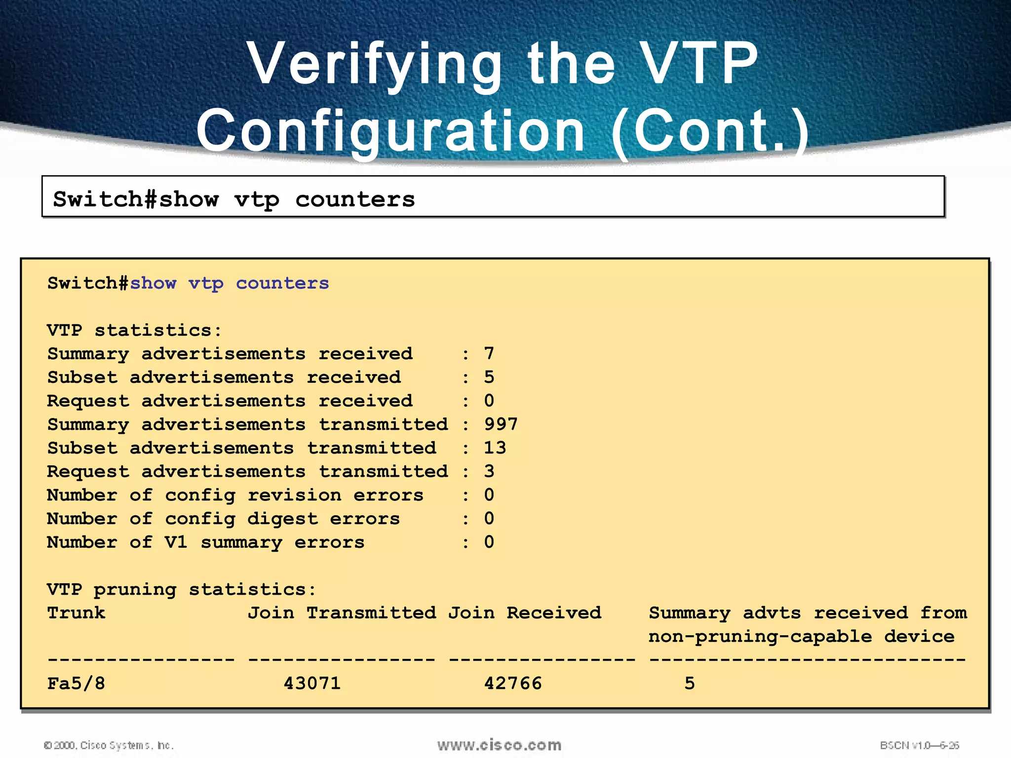 85
Verifying the VTP
Configuration (Cont.)
Switch#show vtp countersSwitch#show vtp counters
Switch#show vtp counters
VTP statistics:
Summary advertisements received : 7
Subset advertisements received : 5
Request advertisements received : 0
Summary advertisements transmitted : 997
Subset advertisements transmitted : 13
Request advertisements transmitted : 3
Number of config revision errors : 0
Number of config digest errors : 0
Number of V1 summary errors : 0
VTP pruning statistics:
Trunk Join Transmitted Join Received Summary advts received from
non-pruning-capable device
---------------- ---------------- ---------------- ---------------------------
Fa5/8 43071 42766 5
 