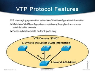 A messaging system that advertises VLAN configuration information
Maintains VLAN configuration consistency throughout a common
administrative domain
Sends advertisements on trunk ports only
VTP Protocol Features
 