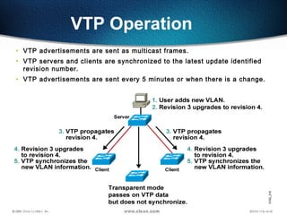 79
VTP Operation
• VTP advertisements are sent as multicast frames.
• VTP servers and clients are synchronized to the latest update identified
revision number.
• VTP advertisements are sent every 5 minutes or when there is a change.
 