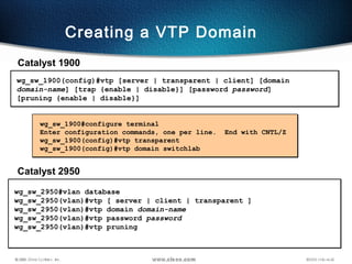 83
wg_sw_1900#configure terminal
Enter configuration commands, one per line. End with CNTL/Z
wg_sw_1900(config)#vtp transparent
wg_sw_1900(config)#vtp domain switchlab
wg_sw_1900(config)#vtp [server | transparent | client] [domain
domain-name] [trap {enable | disable}] [password password]
[pruning {enable | disable}]
Creating a VTP Domain
Catalyst 1900
Catalyst 2950
wg_sw_2950#vlan database
wg_sw_2950(vlan)#vtp [ server | client | transparent ]
wg_sw_2950(vlan)#vtp domain domain-name
wg_sw_2950(vlan)#vtp password password
wg_sw_2950(vlan)#vtp pruning
 