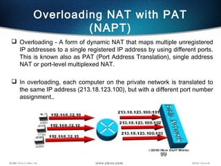 99
Overloading NAT with PAT
(NAPT)
 Overloading - A form of dynamic NAT that maps multiple unregistered
IP addresses to a single registered IP address by using different ports.
This is known also as PAT (Port Address Translation), single address
NAT or port-level multiplexed NAT.
 In overloading, each computer on the private network is translated to
the same IP address (213.18.123.100), but with a different port number
assignment..
 