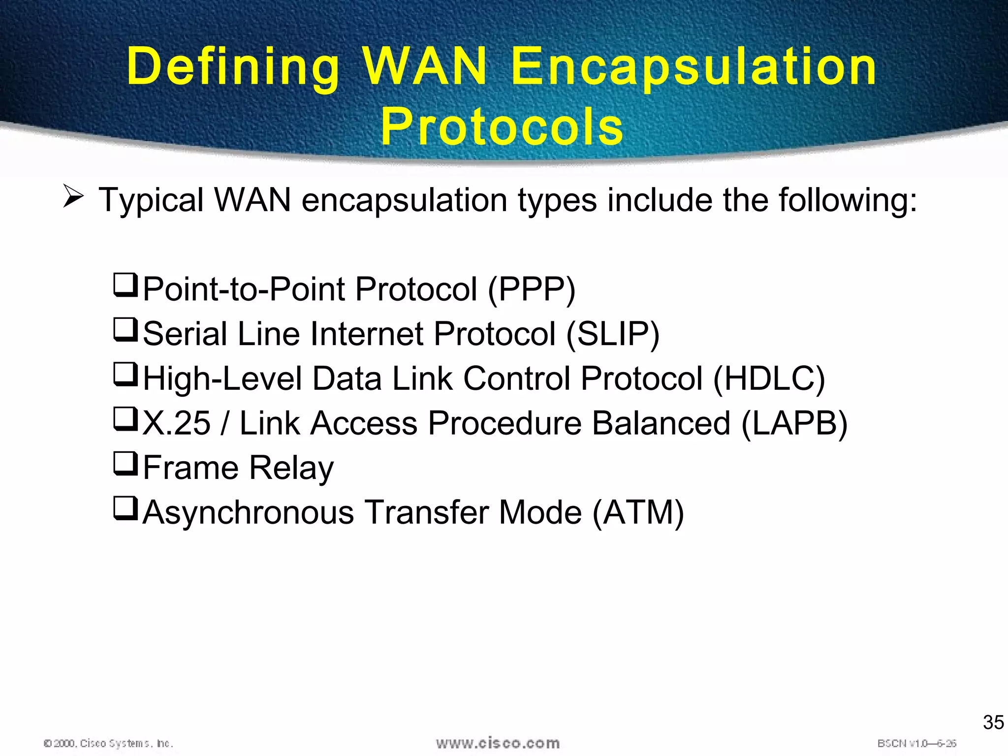 35
Defining WAN Encapsulation
Protocols
 Typical WAN encapsulation types include the following:
Point-to-Point Protocol (PPP)
Serial Line Internet Protocol (SLIP)
High-Level Data Link Control Protocol (HDLC)
X.25 / Link Access Procedure Balanced (LAPB)
Frame Relay
Asynchronous Transfer Mode (ATM)
 
