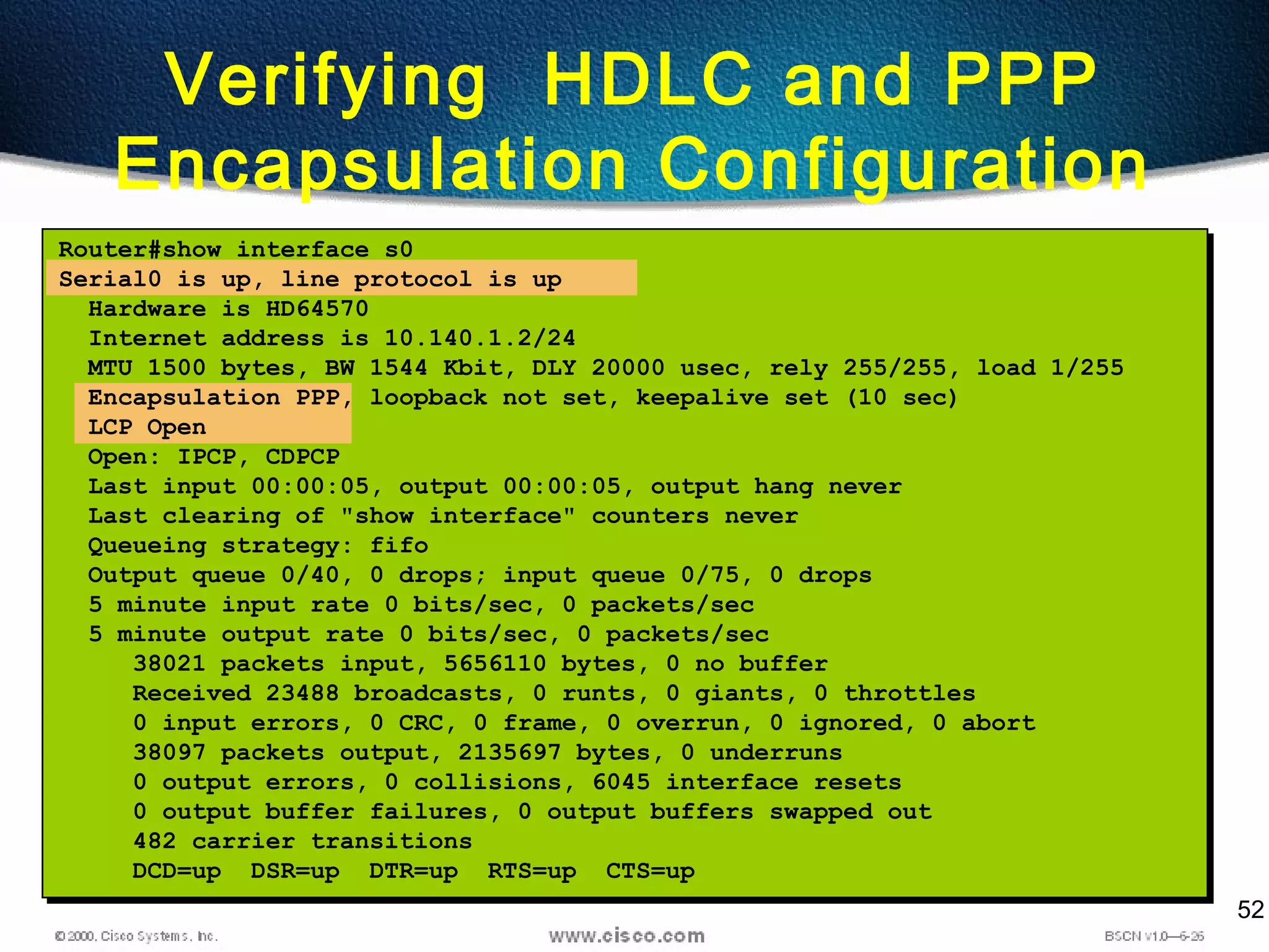 52
Verifying HDLC and PPP
Encapsulation Configuration
Router#show interface s0
Serial0 is up, line protocol is up
Hardware is HD64570
Internet address is 10.140.1.2/24
MTU 1500 bytes, BW 1544 Kbit, DLY 20000 usec, rely 255/255, load 1/255
Encapsulation PPP, loopback not set, keepalive set (10 sec)
LCP Open
Open: IPCP, CDPCP
Last input 00:00:05, output 00:00:05, output hang never
Last clearing of "show interface" counters never
Queueing strategy: fifo
Output queue 0/40, 0 drops; input queue 0/75, 0 drops
5 minute input rate 0 bits/sec, 0 packets/sec
5 minute output rate 0 bits/sec, 0 packets/sec
38021 packets input, 5656110 bytes, 0 no buffer
Received 23488 broadcasts, 0 runts, 0 giants, 0 throttles
0 input errors, 0 CRC, 0 frame, 0 overrun, 0 ignored, 0 abort
38097 packets output, 2135697 bytes, 0 underruns
0 output errors, 0 collisions, 6045 interface resets
0 output buffer failures, 0 output buffers swapped out
482 carrier transitions
DCD=up DSR=up DTR=up RTS=up CTS=up
 