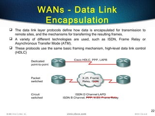 22
WANs - Data Link
Encapsulation
 The data link layer protocols define how data is encapsulated for transmission to
remote sites, and the mechanisms for transferring the resulting frames.
 A variety of different technologies are used, such as ISDN, Frame Relay or
Asynchronous Transfer Mode (ATM).
 These protocols use the same basic framing mechanism, high-level data link control
(HDLC)
 