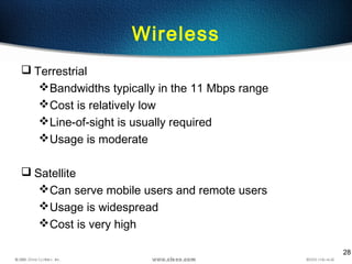 28
Wireless
 Terrestrial
Bandwidths typically in the 11 Mbps range
Cost is relatively low
Line-of-sight is usually required
Usage is moderate
 Satellite
Can serve mobile users and remote users
Usage is widespread
Cost is very high
 