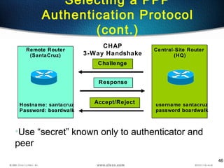 46
Selecting a PPP
Authentication Protocol
(cont.)
Remote Router
(SantaCruz)
Central-Site Router
(HQ)
Hostname: santacruz
Password: boardwalk
username santacruz
password boardwalk
CHAP
3-Way Handshake
ChallengeChallenge
ResponseResponse
Accept/RejectAccept/Reject
•Use “secret” known only to authenticator and
peer
 