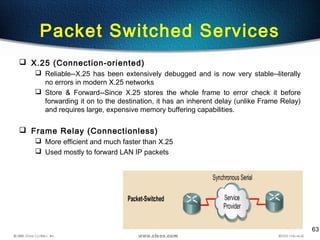 63
Packet Switched Services
 X.25 (Connection-oriented)
 Reliable--X.25 has been extensively debugged and is now very stable--literally
no errors in modern X.25 networks
 Store & Forward--Since X.25 stores the whole frame to error check it before
forwarding it on to the destination, it has an inherent delay (unlike Frame Relay)
and requires large, expensive memory buffering capabilities.
 Frame Relay (Connectionless)
 More efficient and much faster than X.25
 Used mostly to forward LAN IP packets
 