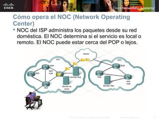 10Información pública de Cisco© 2007 Cisco Systems, Inc. Todos los derechos reservados.
Cómo opera el NOC (Network Operating
Center)
 NOC del ISP administra los paquetes desde su red
doméstica. El NOC determina si el servicio es local o
remoto. El NOC puede estar cerca del POP o lejos.
 