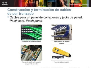 25Información pública de Cisco© 2007 Cisco Systems, Inc. Todos los derechos reservados.
Construcción y terminación de cables
de par trenzado
 Cables para un panel de conexiones y jacks de pared.
Patch cord, Patch panel.
 