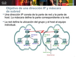 6Información pública de Cisco© 2007 Cisco Systems, Inc. Todos los derechos reservados.
Objetivo de una dirección IP y máscara
de subred
 Una dirección IP consta de la parte de red y la parte de
host. La máscara define la parte correspondiente a la red.
 La red define la ubicación del grupo y el host al equipo
individual.
 